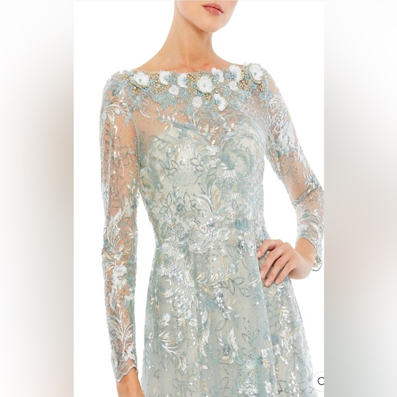 Green Floral Embroidered Illusion Long Sleeve Gown - Picture 17 of 17